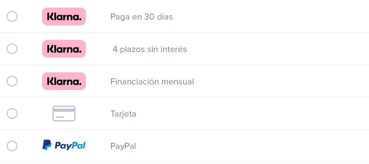 Imagen con ejemplos de opciones de pago BNPL ofrecidas durante un proceso de pago
