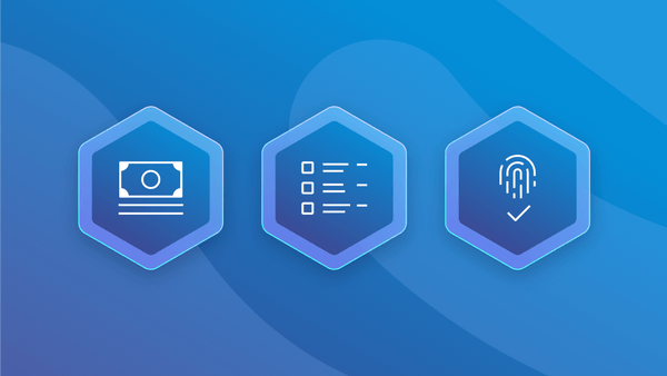 Header images showing a bank note, a list, and a fingerprint.